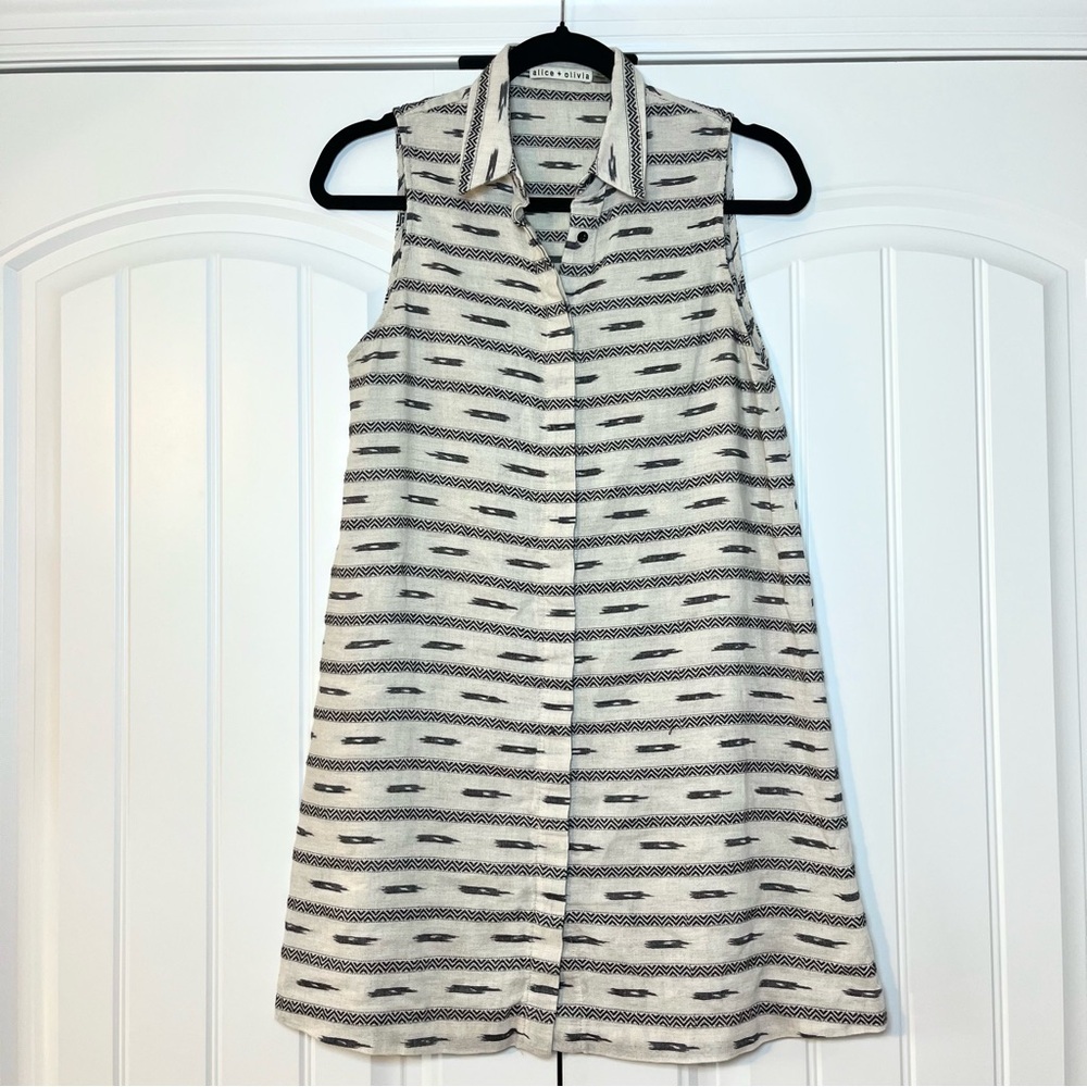 Alice + Olivia Isabelle Shirt Dress Southwestern Mini Cream Black Size Small - Picture 2 of 8